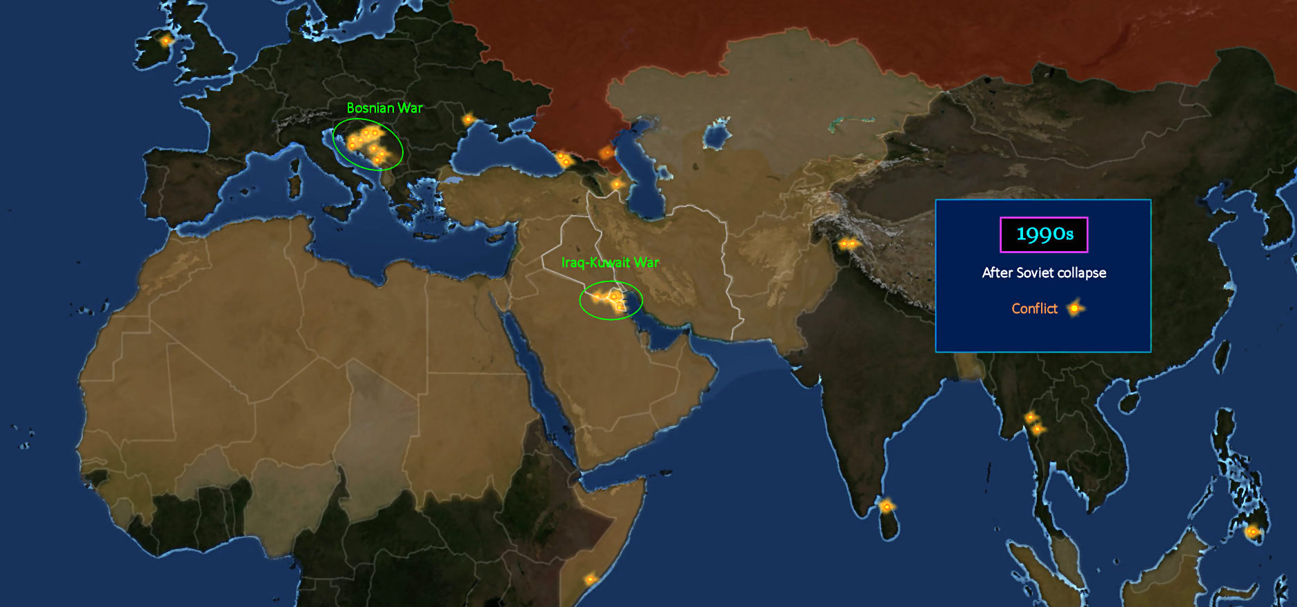 Iraq invades Kuwait, Bosnian War, 1990s map